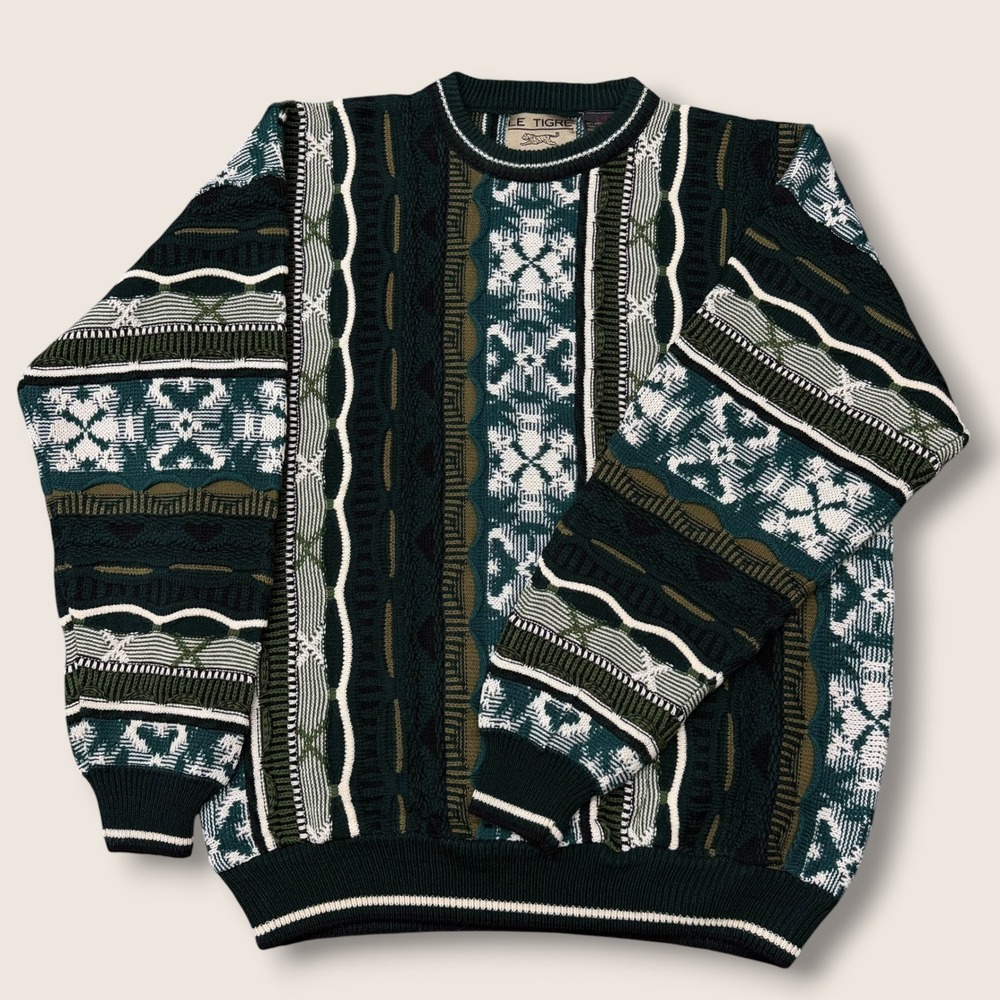 Le Tigre Sweater Mens L Green 3D Textured Coogi Style Heavyweight Vintage 90s